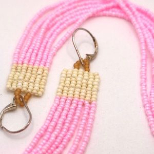 HANDMADE GLASS EARRINGS Beaded Earrings Handmade Long Fringe Pink Tan
